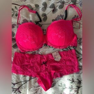 Candie's Hot Pink Lace Padded Underwire Bra (36C) + Cheeky G String (Medium) Set